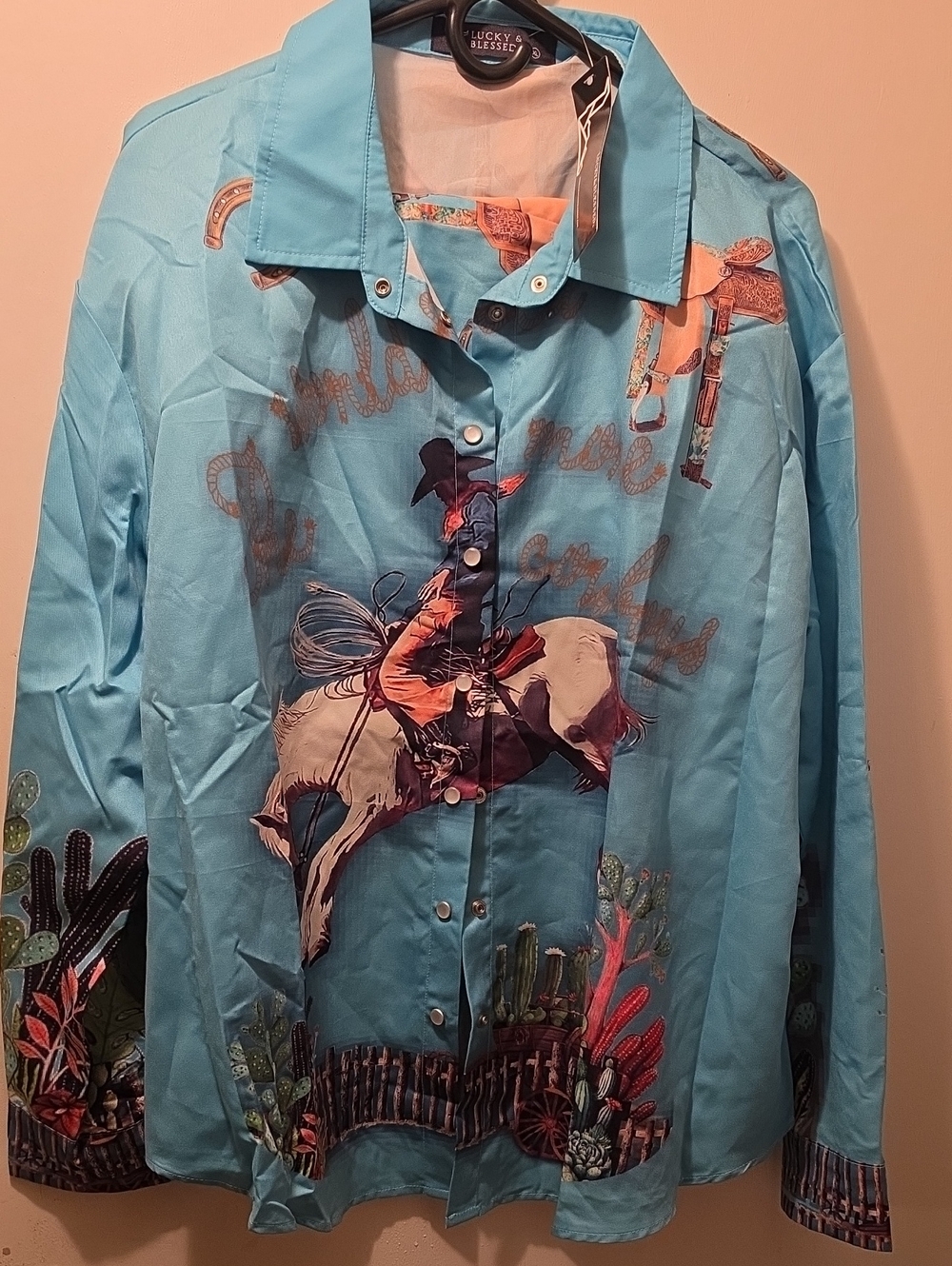 Lucky & Blessed Turquoise Western Rodeo Button-Up Set with Multicolor Graphic